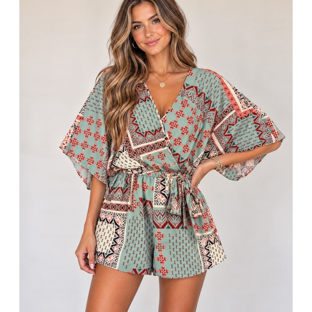 FSL Apparel Sage Green Patchwork Surplice Romper Small Boho Kimono Sleeve SR6364